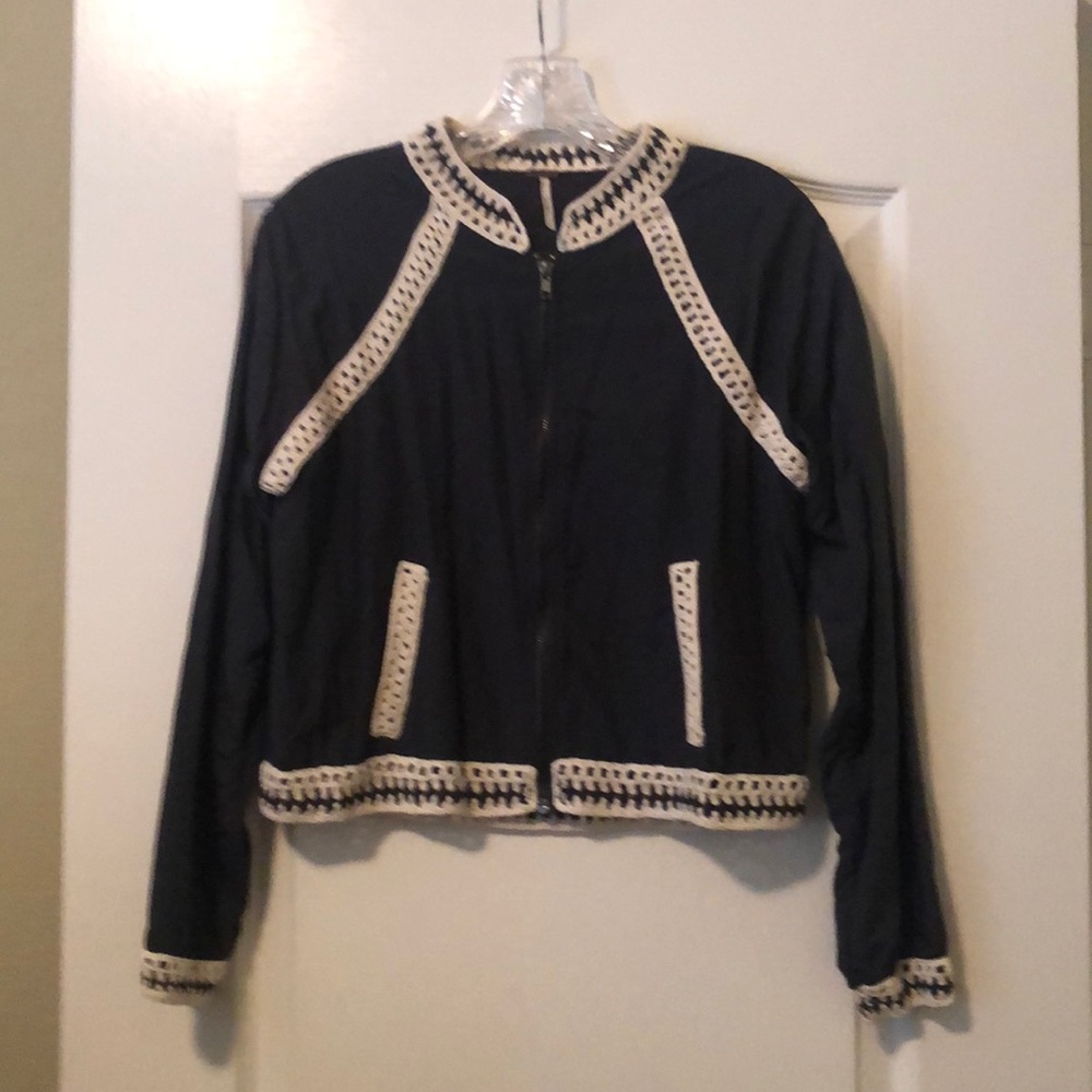 Free People Black Jacket with Cream Crochet Trim